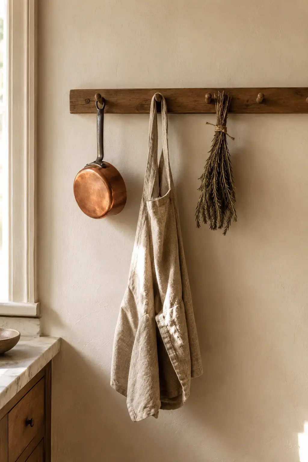 Rustic kitchen peg rail with a copper pot, linen apron, and dried herb bundle on a cream wall.