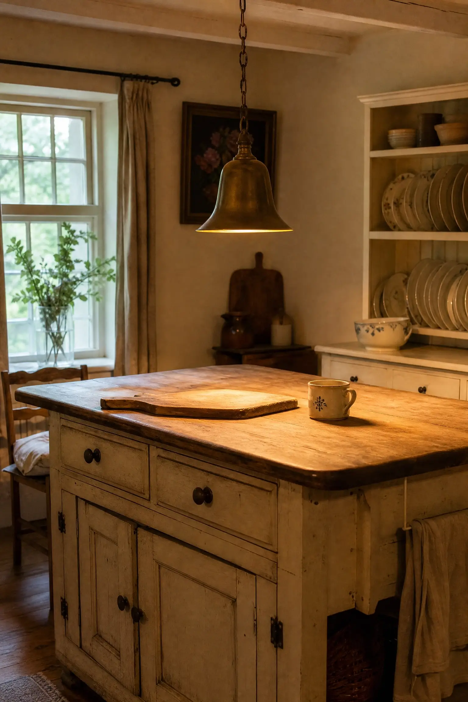 Warm rustic farmhouse kitchen with a low-hanging bell-shaped brass pendant light illuminating a distressed wooden island topped with a ceramic mug and cutting board. 