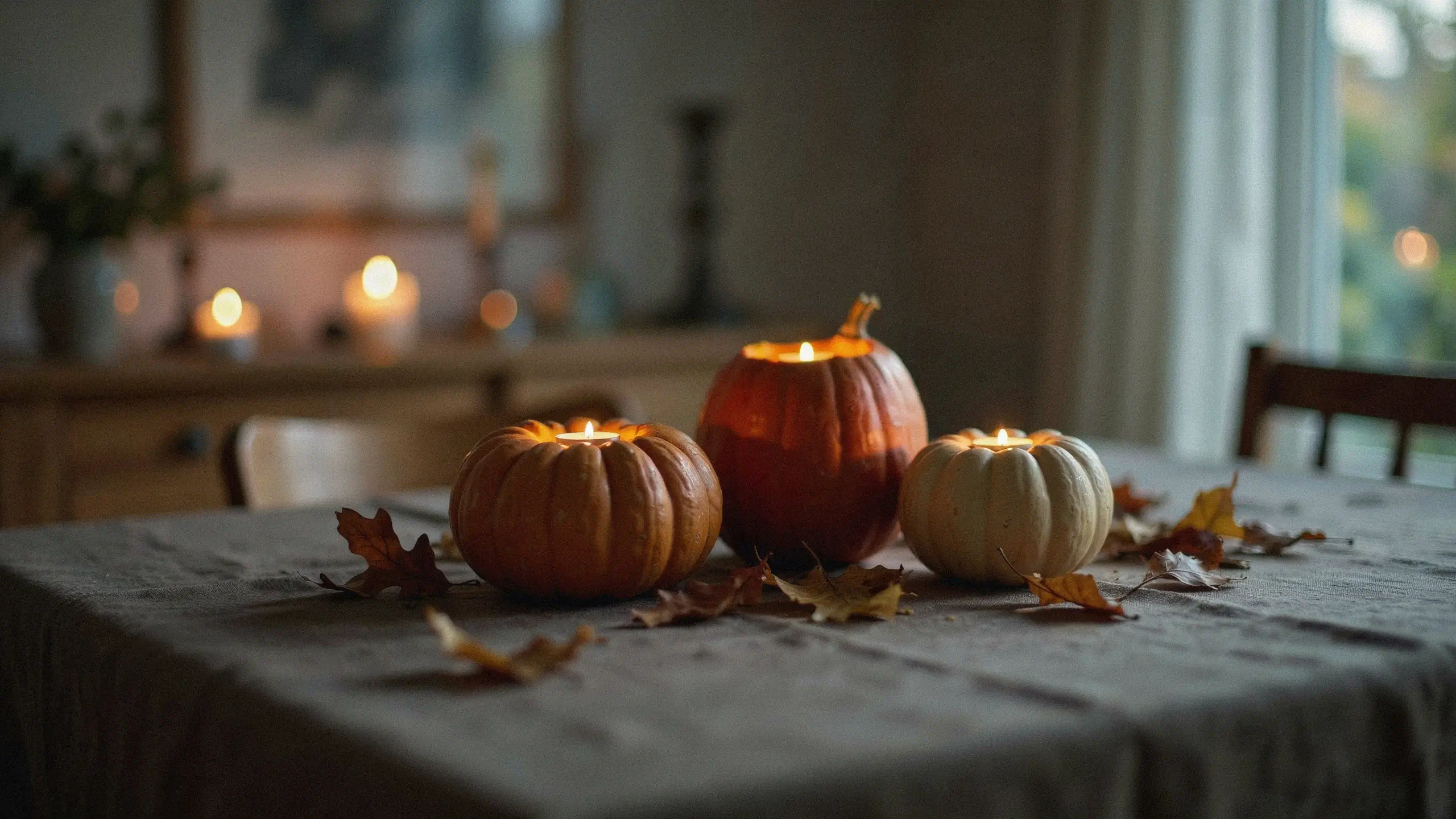 "Three carved pumpkins in orange and white hues glowing with candlelight on a rustic table covered with fallen autumn leaves, creating a cozy seasonal display."