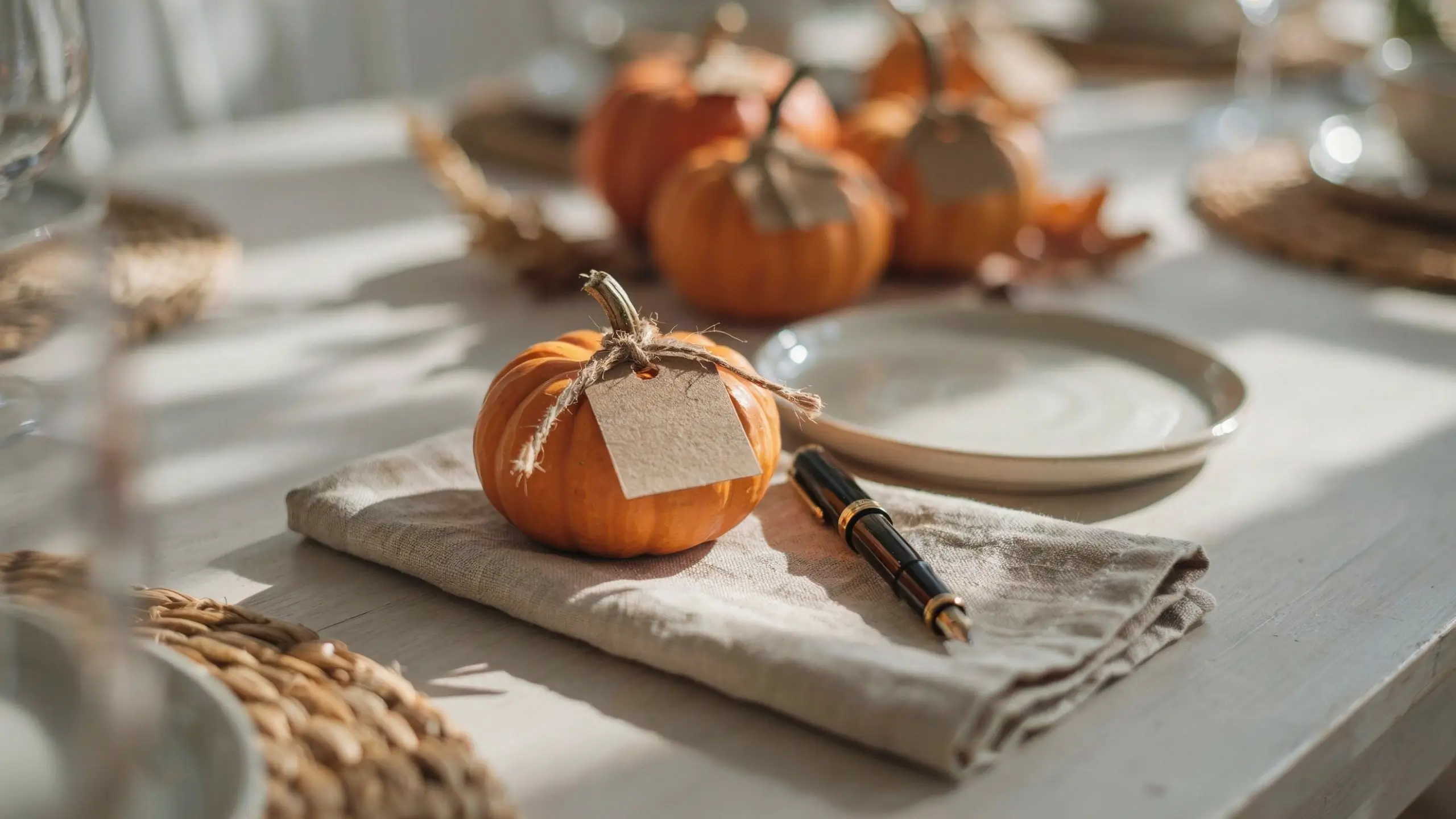 Small orange pumpkin with a blank kraft paper tag tied with twine on a linen napkin with a fountain pen, styled as a rustic Thanksgiving name card.