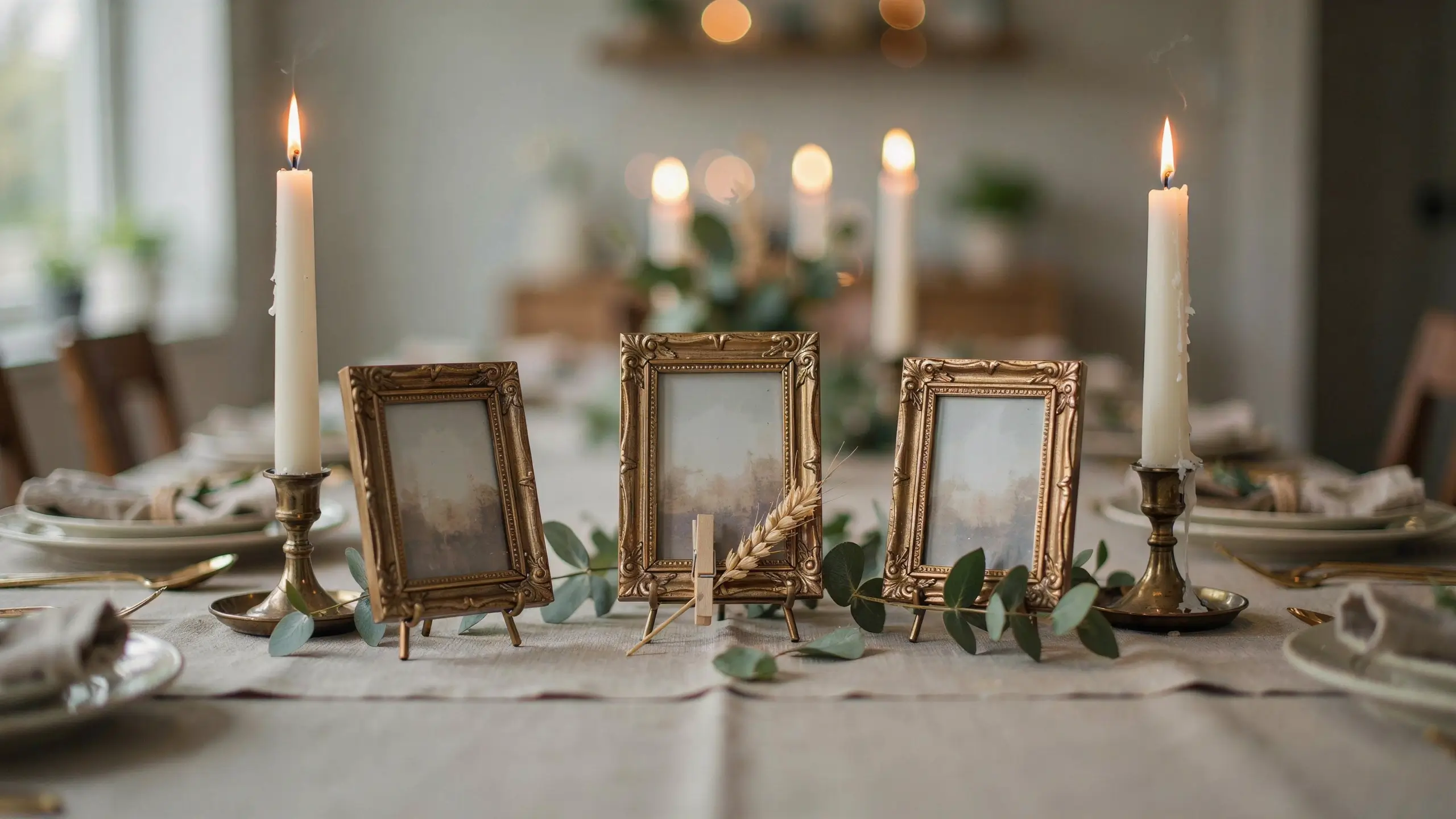 Three vintage gold picture frames displaying muted landscape prints, with a dried wheat stalk clipped to the center frame, surrounded by sprigs of eucalyptus and flanked by lit white taper candles on a beige linen table runner.