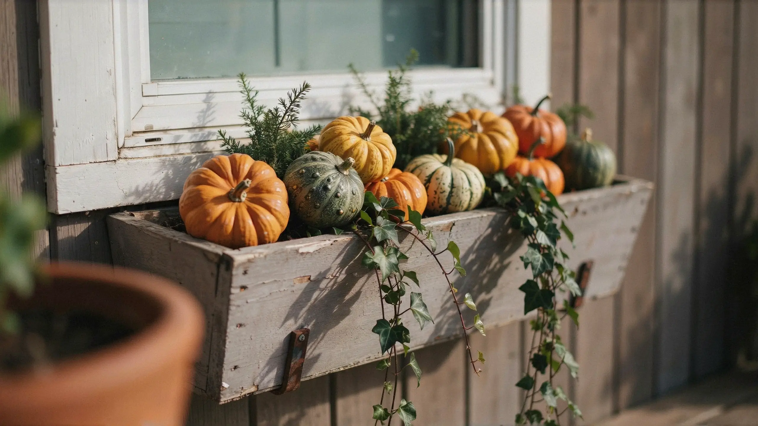 "Rustic white window box filled with autumn mini pumpkins, green striped gourds, trailing ivy, and evergreen sprigs for outdoor fall porch decoration."