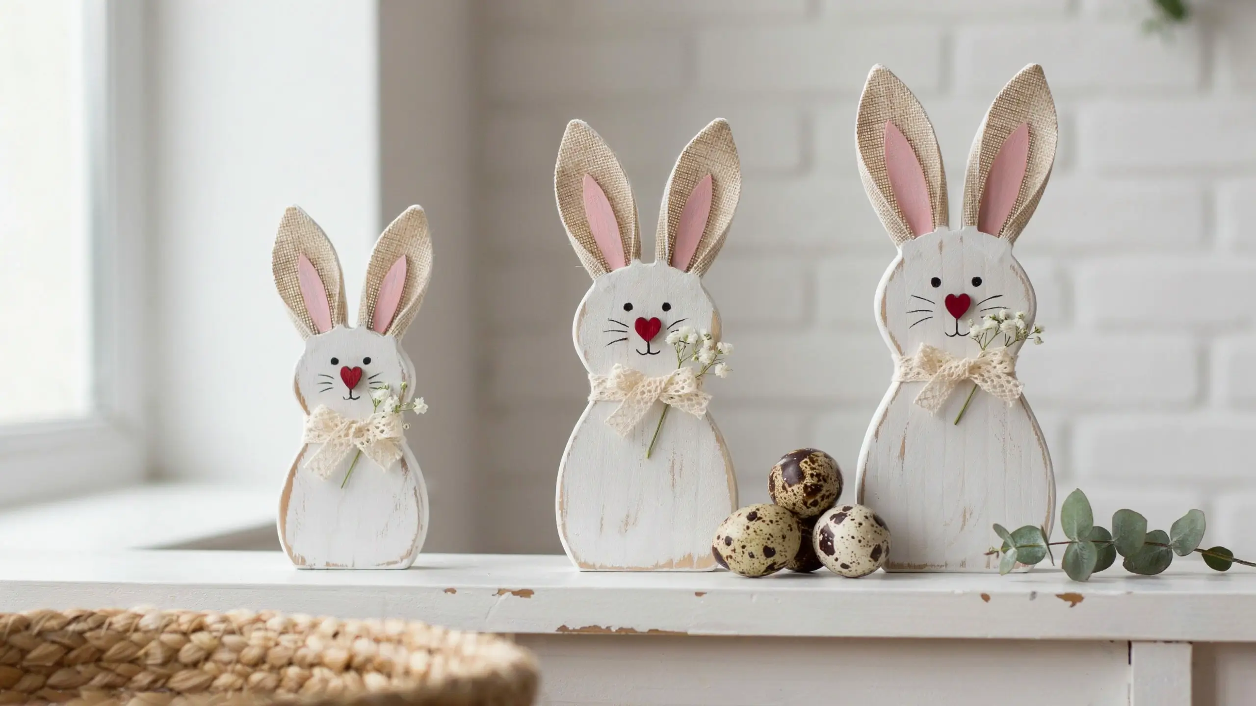 Three distressed white wood block bunnies with burlap ears, painted red heart noses, and cream lace bows, flanked by speckled quail eggs and eucalyptus sprigs for a rustic farmhouse Easter spring display. 