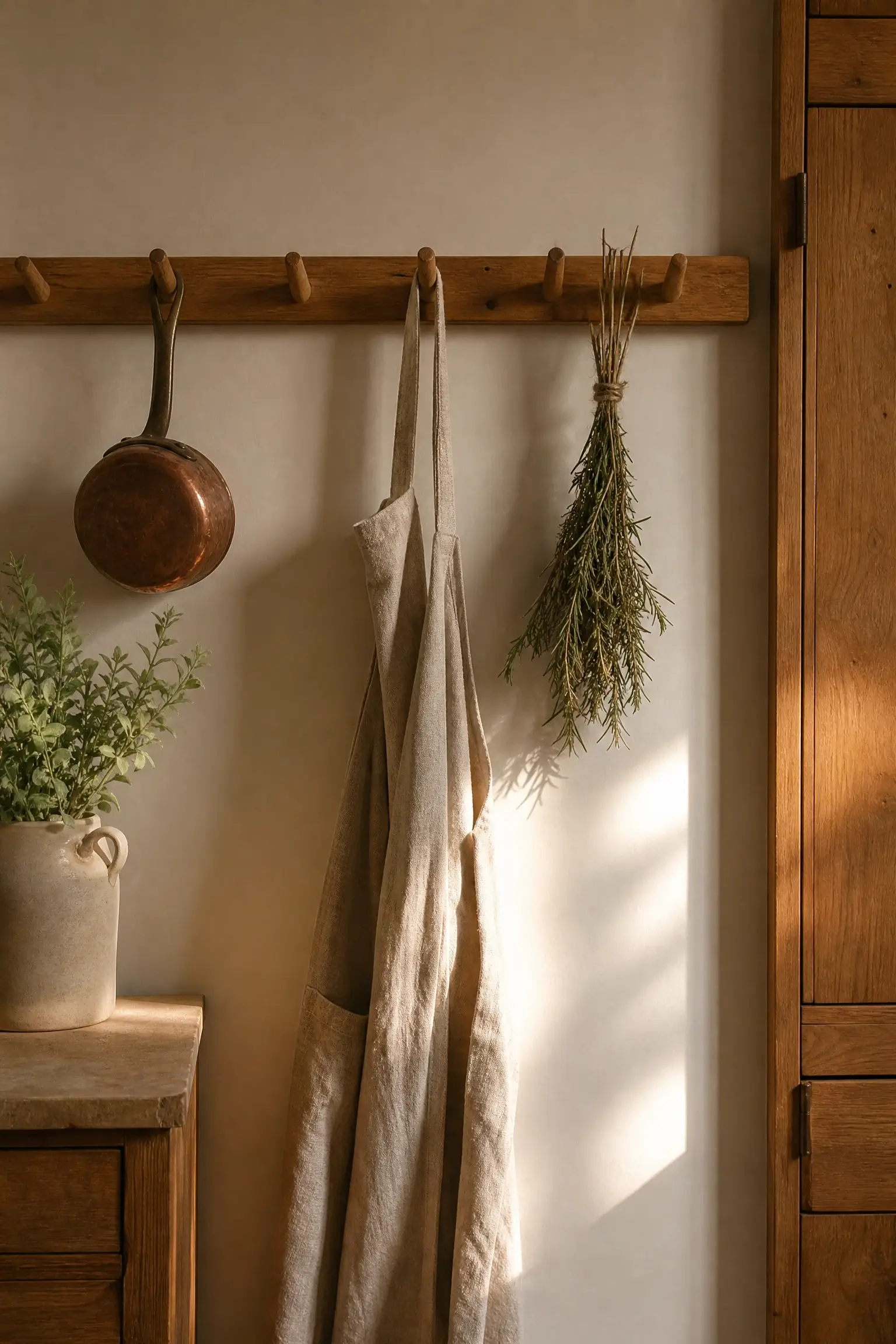 Wooden peg rail holding a copper pan, natural linen apron, and dried herb bundles on a warm sunlit kitchen wall.