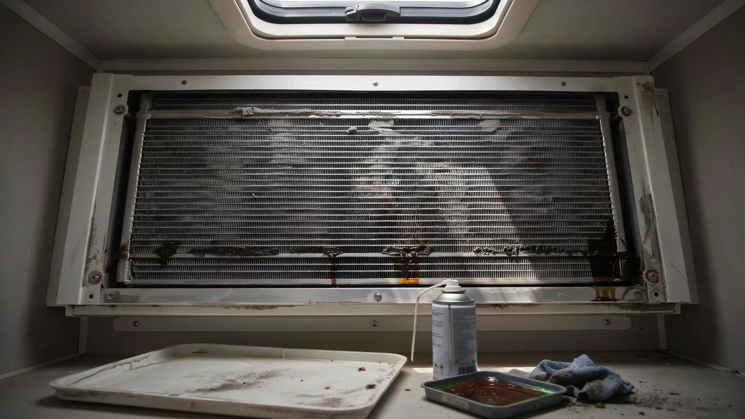 Exposed dirty RV air conditioner evaporator coil inside a white cabinet unit during maintenance, with a spray can of coil cleaner, drip pan, and cleaning rag. 