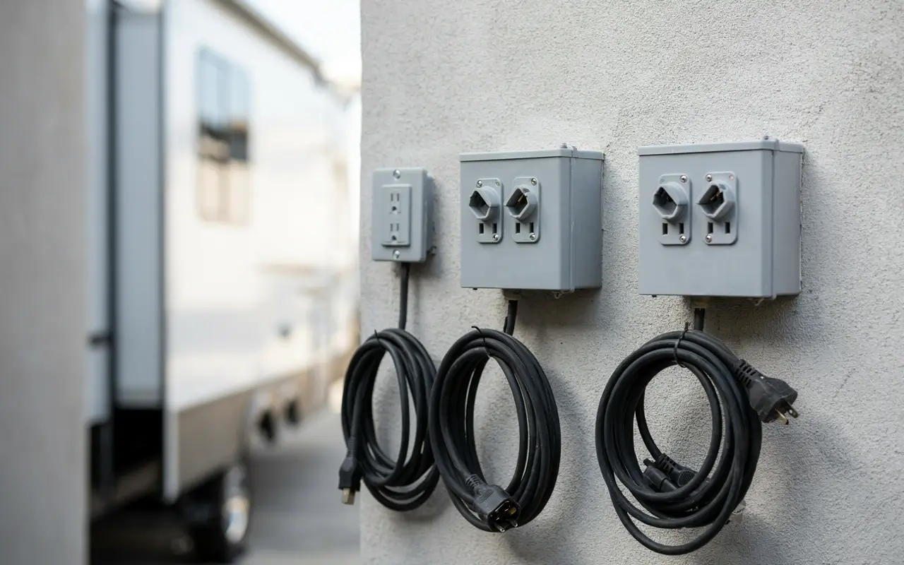 RV amperage hookup boxes with coiled power cords mounted outside beside a camper.