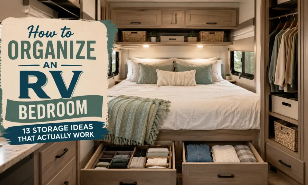 Organized RV bedroom layout featuring under-bed storage drawers with dividers, a hanging wardrobe closet, and overhead shelf baskets, representing a guide for maximizing storage in a small camper interior.
