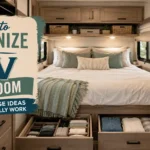 Organized RV bedroom layout featuring under-bed storage drawers with dividers, a hanging wardrobe closet, and overhead shelf baskets, representing a guide for maximizing storage in a small camper interior.