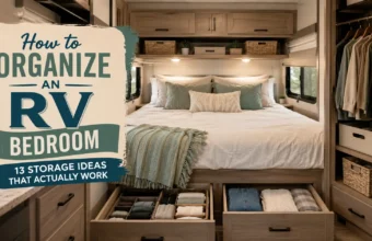 Organized RV bedroom layout featuring under-bed storage drawers with dividers, a hanging wardrobe closet, and overhead shelf baskets, representing a guide for maximizing storage in a small camper interior.