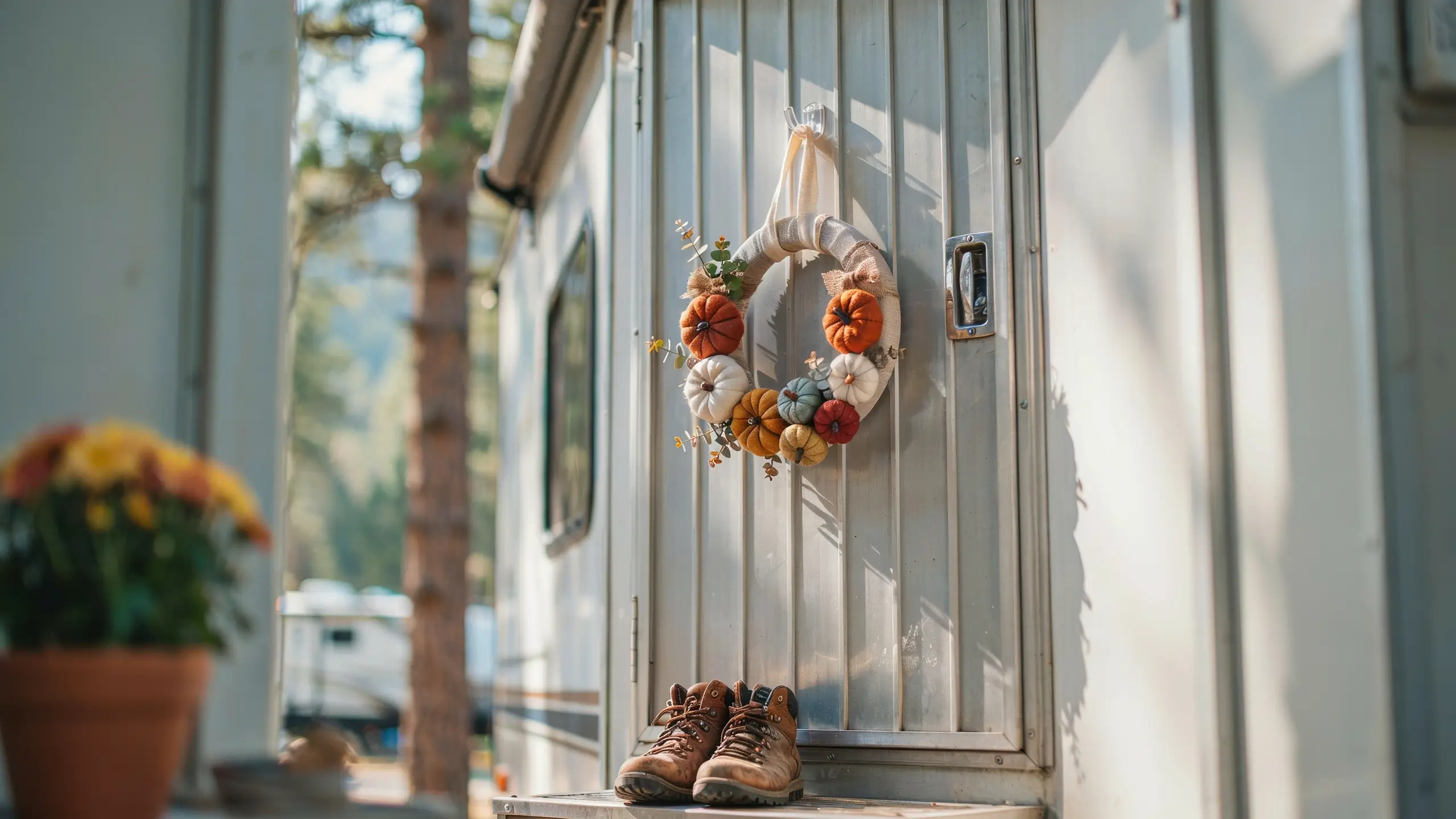 Rustic fall pumpkin wreath hanging on a white RV camper door with brown hiking boots on the step, showcasing small-space autumn decor in a sunny forest campground.