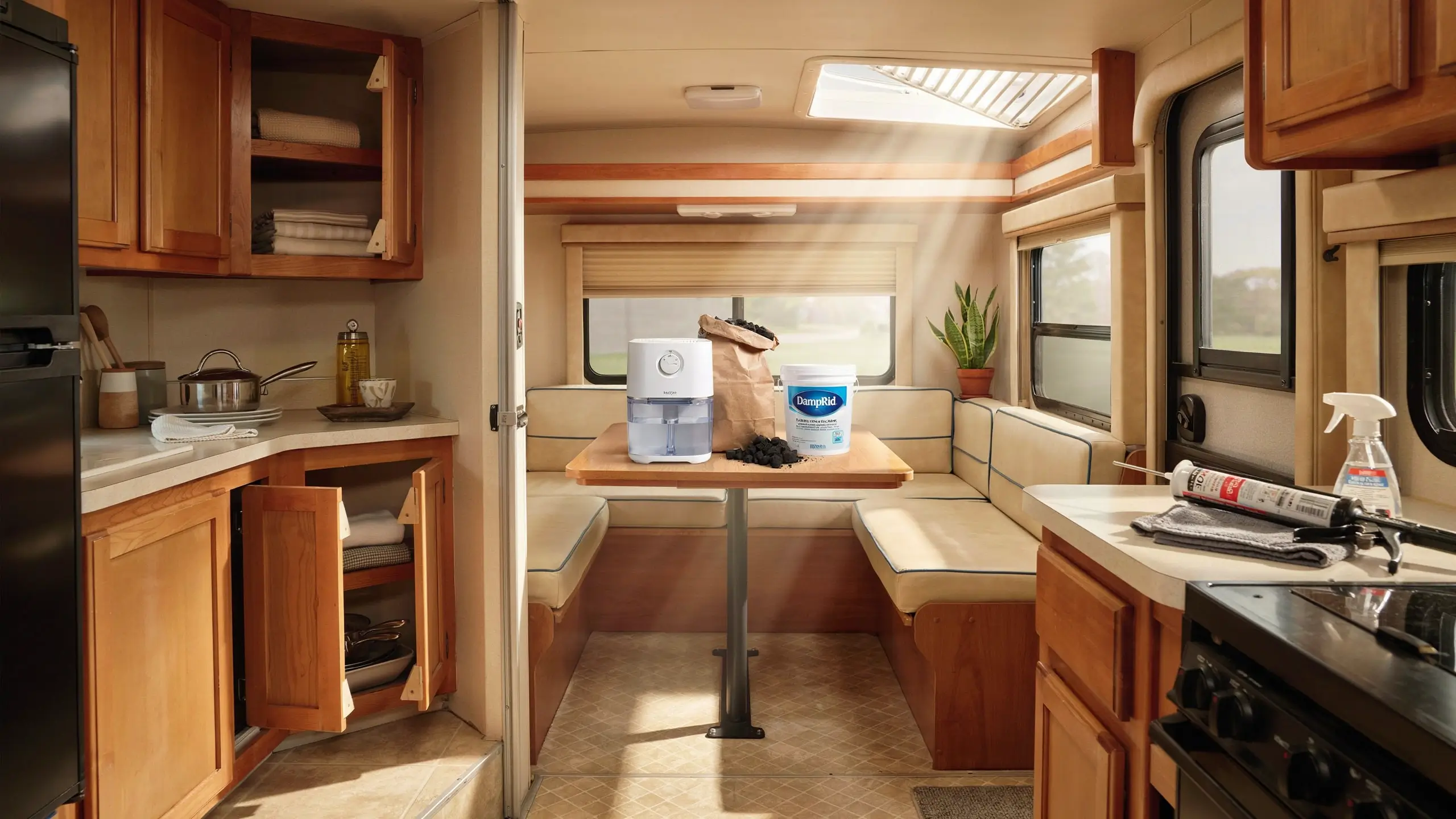 A well-lit RV dinette featuring a white electric dehumidifier, a DampRid moisture-absorbing bucket, and dark granular desiccant placed on the table, set against a wood-paneled camper kitchen with a stove and storage, demonstrating effective tools to prevent condensation and humidity inside a travel trailer. 