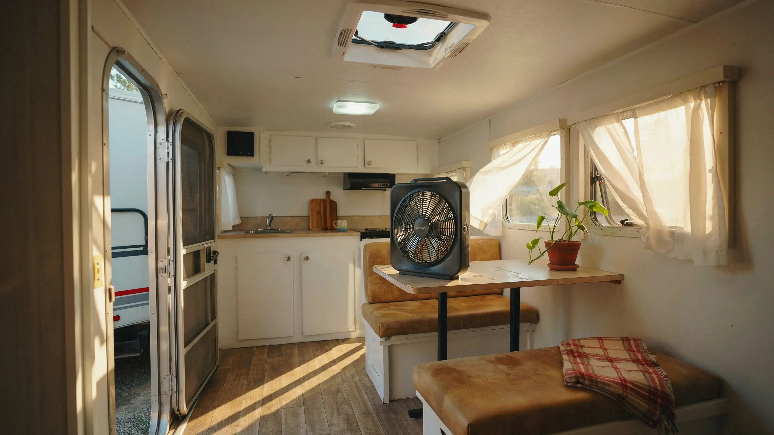 Bright RV interior with open door, roof vent, and a black box fan on the dinette table for summer ventilation and air circulation. 
