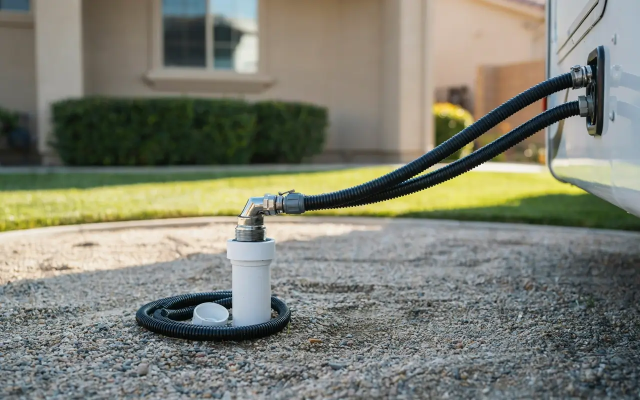 RV sewer hose connected to a home cleanout for city sewer hookup beside a driveway.