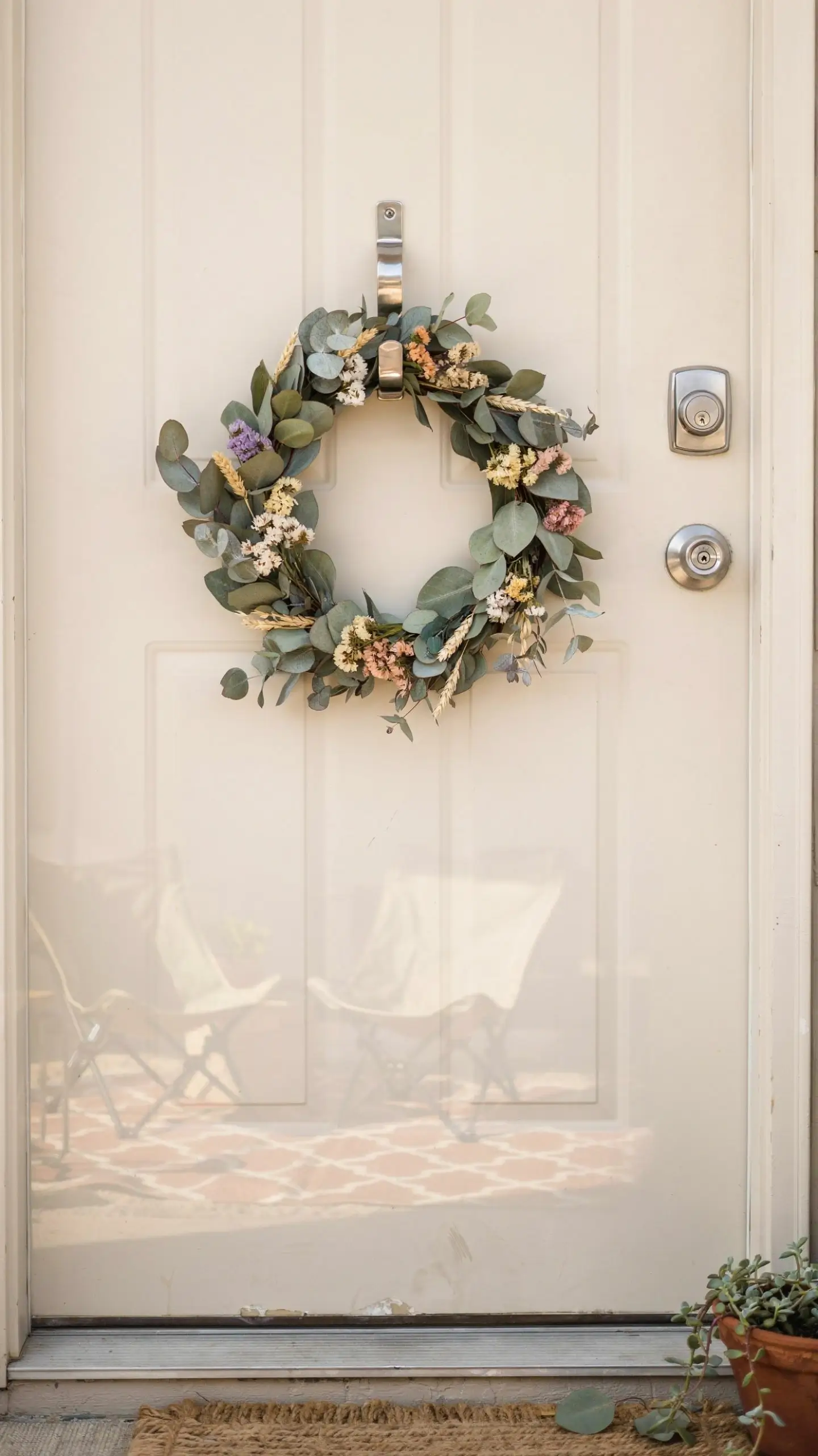 Eucalyptus wreath hanging on white RV screen door with jute welcome mat and succulent pot. 