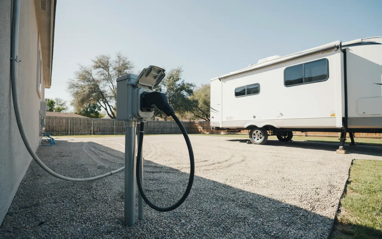 RV plugged into a home electrical hookup box beside a gravel driveway.