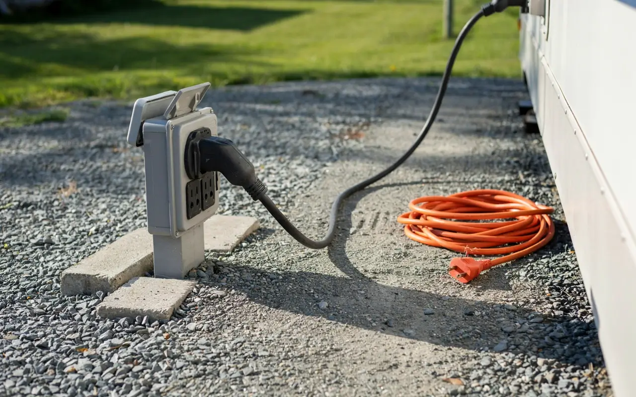 RV electrical hookup pedestal with power cord connected beside a camper on a gravel pad.