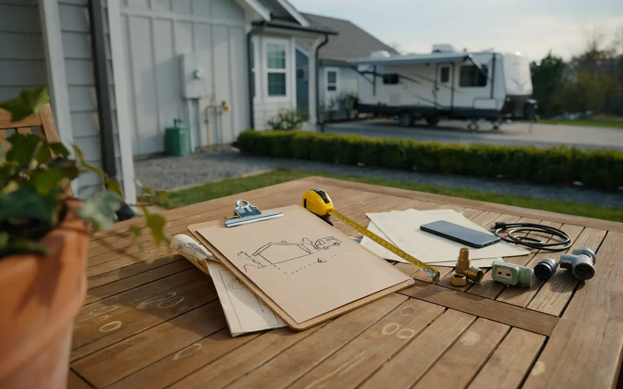 RV hookup planning tools on a patio table with a camper parked beside a home.