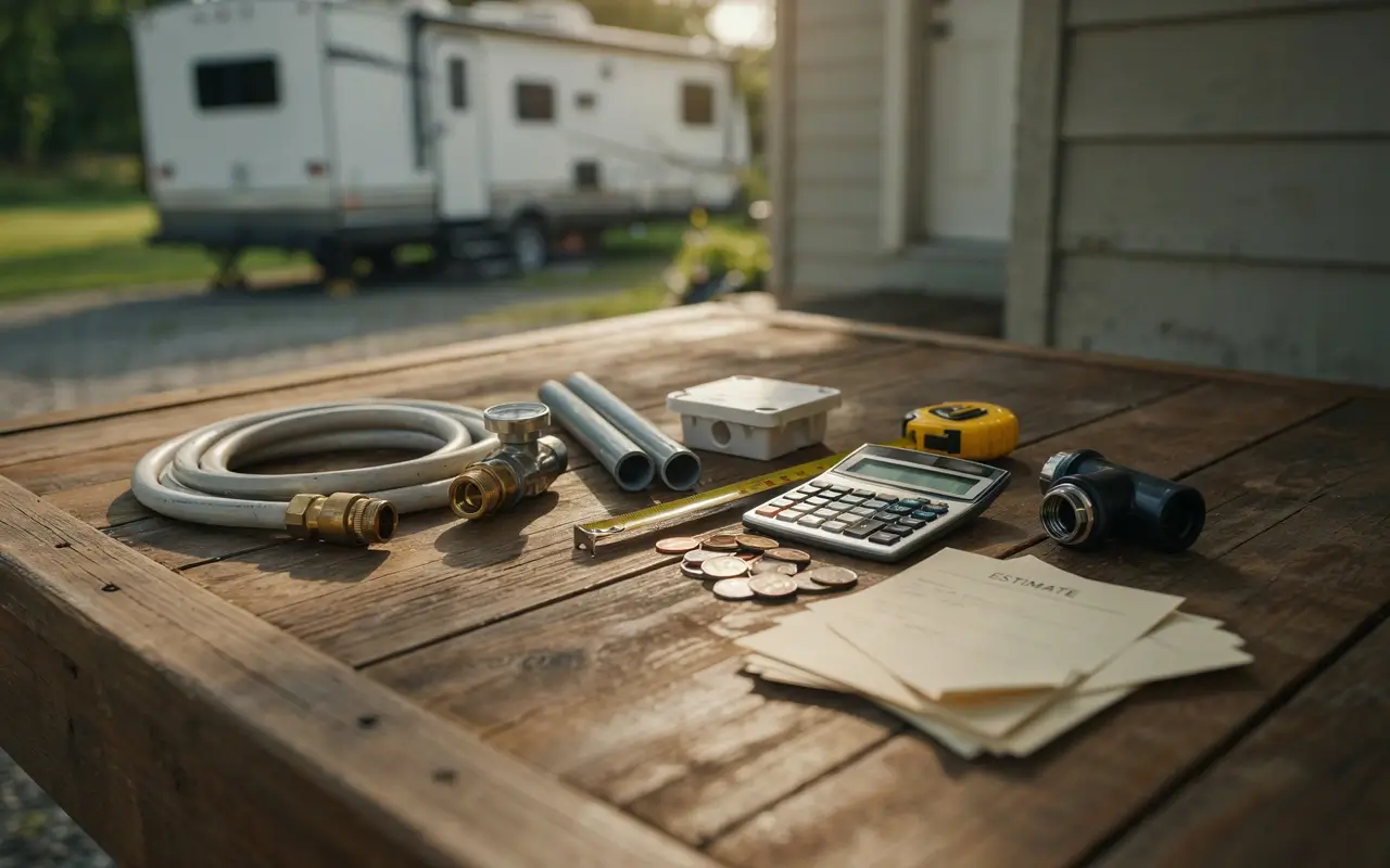 RV hookup parts, calculator, tape measure, and estimate papers on a table with camper in background.