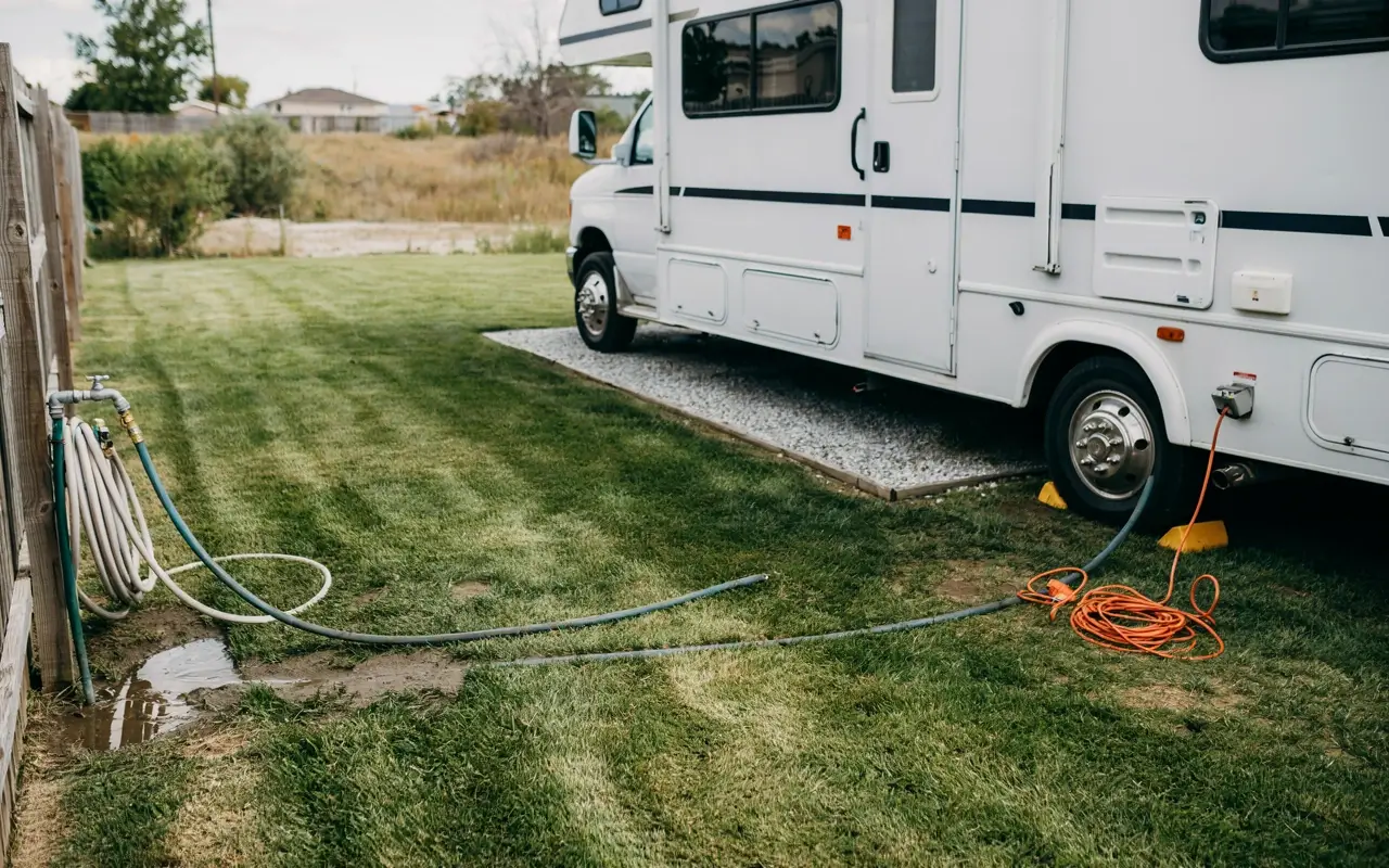 RV parked at home with hose, extension cord, and wet grass showing common RV hookup installation mistakes.