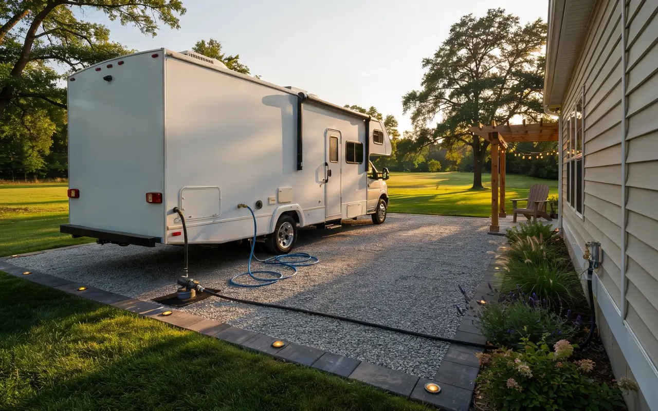 RV parked on a home gravel pad with water, sewer, and electrical hookups beside a house.