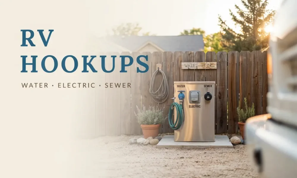 Home RV hookups with dedicated water, electric, and sewer connections beside an RV parking pad.