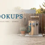 Home RV hookups with dedicated water, electric, and sewer connections beside an RV parking pad.