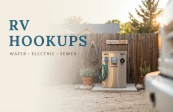 Home RV hookups with dedicated water, electric, and sewer connections beside an RV parking pad.