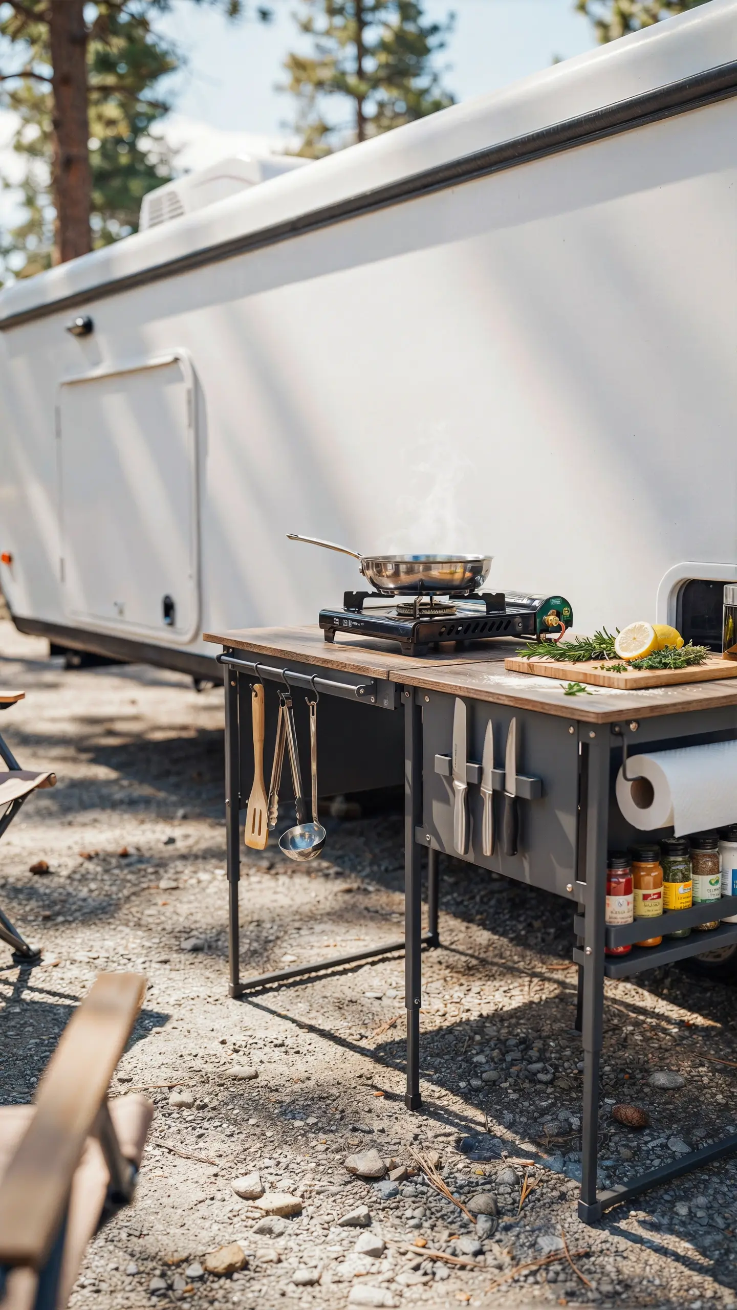 Outdoor RV cooking station with a portable gas stove, steaming pan, and fresh prep area set up on a gravel campsite. 