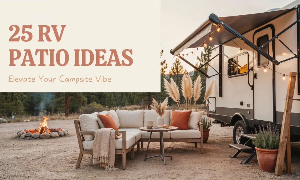 Cozy RV patio setup at a forest campsite featuring a white L-shaped outdoor sofa with rust-colored throw pillows, a small side table with coffee mugs and books, and warm bistro string lights hanging under the RV awning, next to a stone campfire ring surrounded by pine trees at sunset.