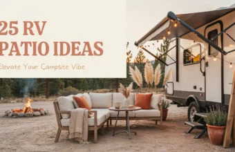 Cozy RV patio setup at a forest campsite featuring a white L-shaped outdoor sofa with rust-colored throw pillows, a small side table with coffee mugs and books, and warm bistro string lights hanging under the RV awning, next to a stone campfire ring surrounded by pine trees at sunset.