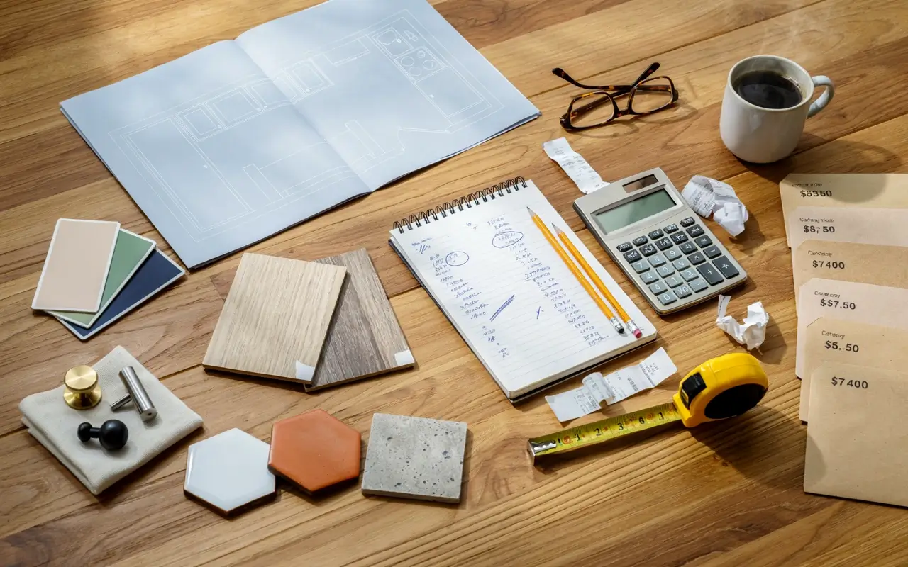 RV remodel budget breakdown showing costs including $8,350 for flooring, $7,400 for cabinetry, and $5,500 for appliances—realistic renovation expense examples for camper van and motorhome makeovers. 