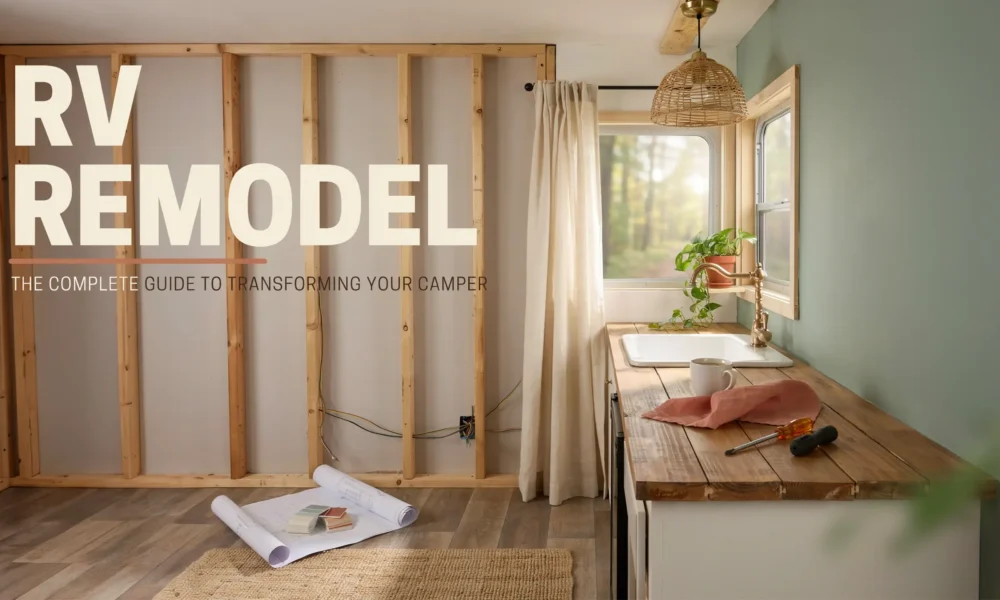 Interior of a cozy DIY RV remodel showing exposed wooden wall framing, electrical wiring, a rustic butcher block countertop with a white sink, and a rolled-out blueprint for a camper renovation.