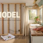 Interior of a cozy DIY RV remodel showing exposed wooden wall framing, electrical wiring, a rustic butcher block countertop with a white sink, and a rolled-out blueprint for a camper renovation.