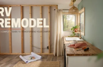 Interior of a cozy DIY RV remodel showing exposed wooden wall framing, electrical wiring, a rustic butcher block countertop with a white sink, and a rolled-out blueprint for a camper renovation.