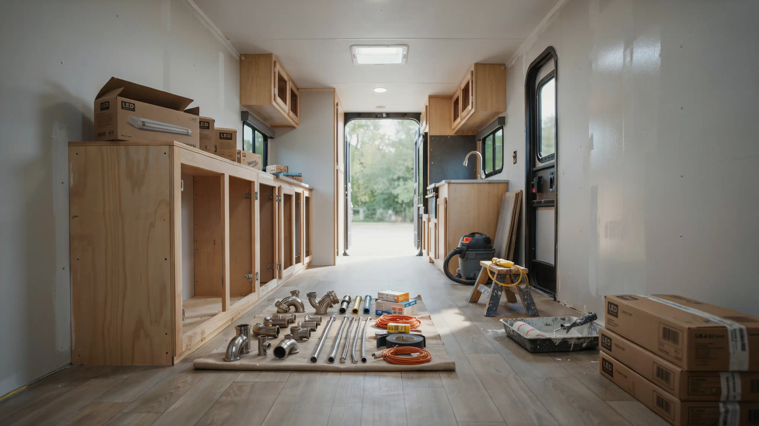 Step-by-step guide to the right order of operations for an RV remodel, featuring a diagram of LED light strips being installed in a campervan ceiling to ensure proper electrical wiring and placement. 