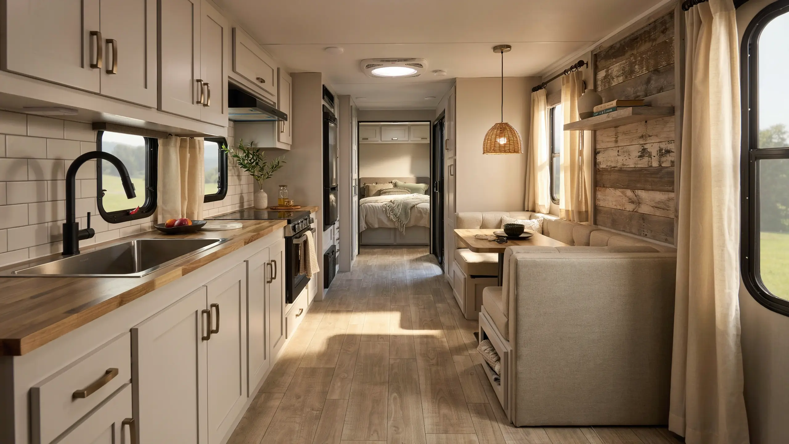 Remodeled RV interior featuring white shaker cabinets, butcher-block countertops, a subway tile backsplash, a black matte kitchen faucet, and a cozy dining booth area with a clear view into a rear bedroom. 