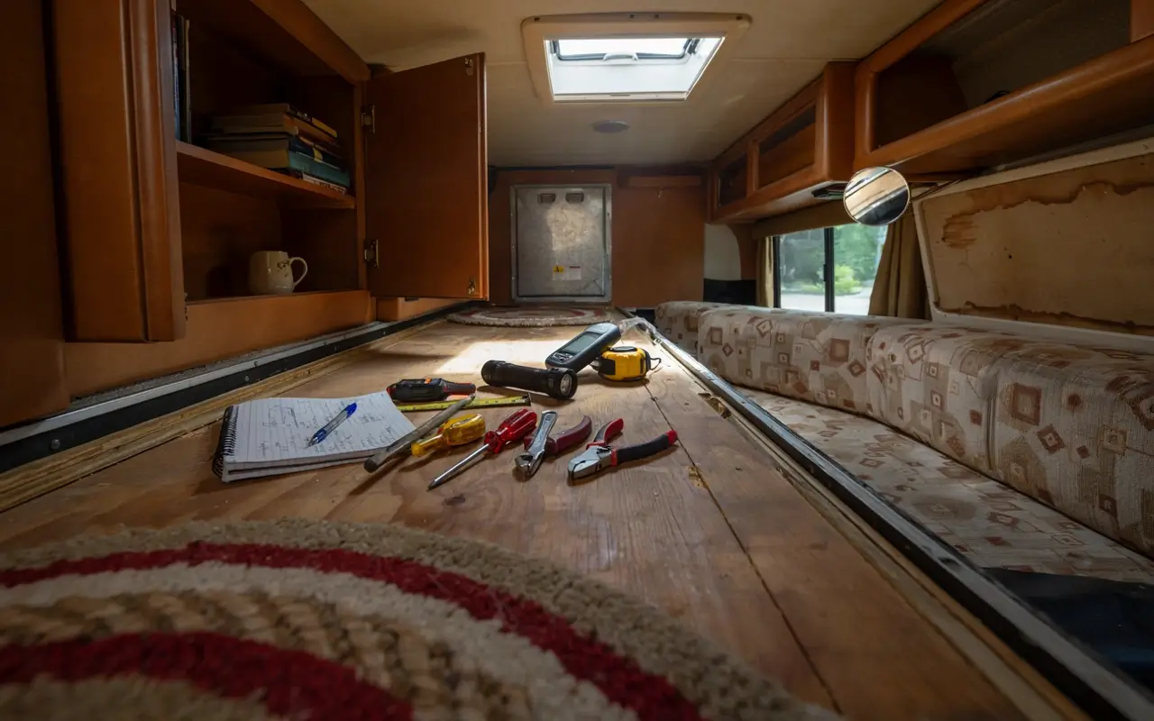 Wooden camper van floor with DIY repair tools, measuring tape, notepad, and pen for RV maintenance planning.