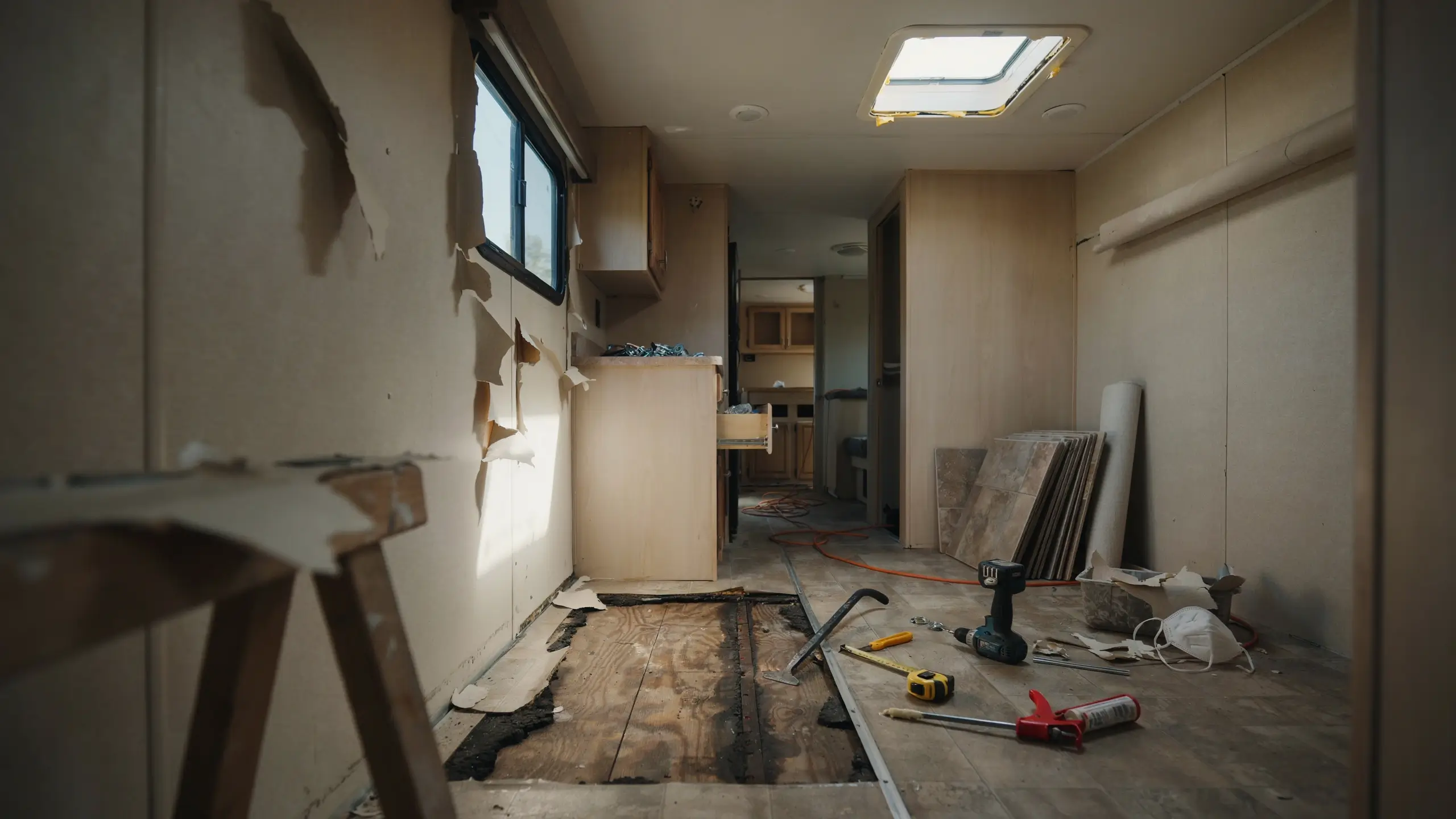  Interior of an RV or camper undergoing major renovation work, showing severe water damage with peeling wall panels, a large cut-out section of dark rotted subfloor exposing the wooden framing below, and scattered DIY tools like a power drill, crowbar, and measuring tape on the floor