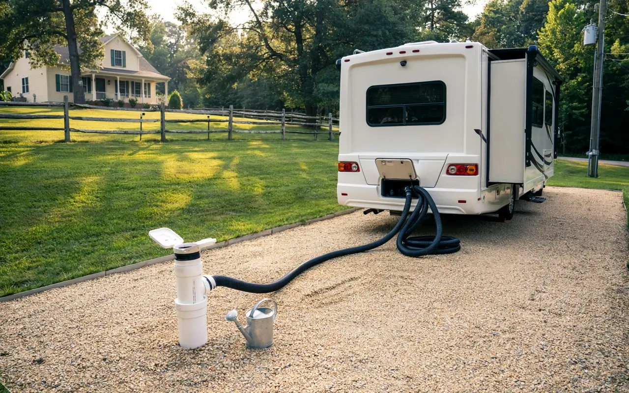 RV sewer hose connected to a home septic cleanout beside a gravel driveway.