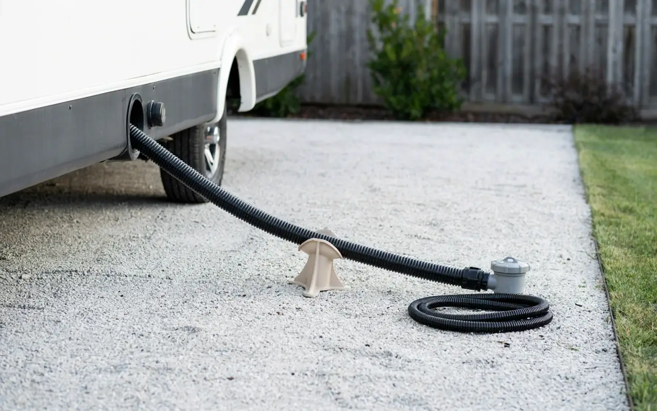 RV sewer hose connected to a home driveway sewer hookup beside a parked camper