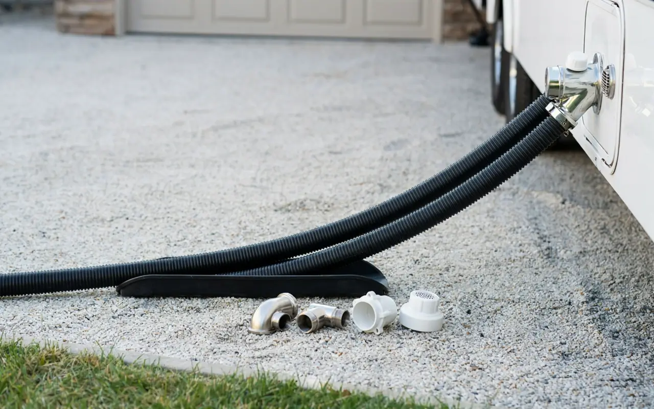 RV sewer hoses connected to a home hookup with fittings on a concrete RV pad.