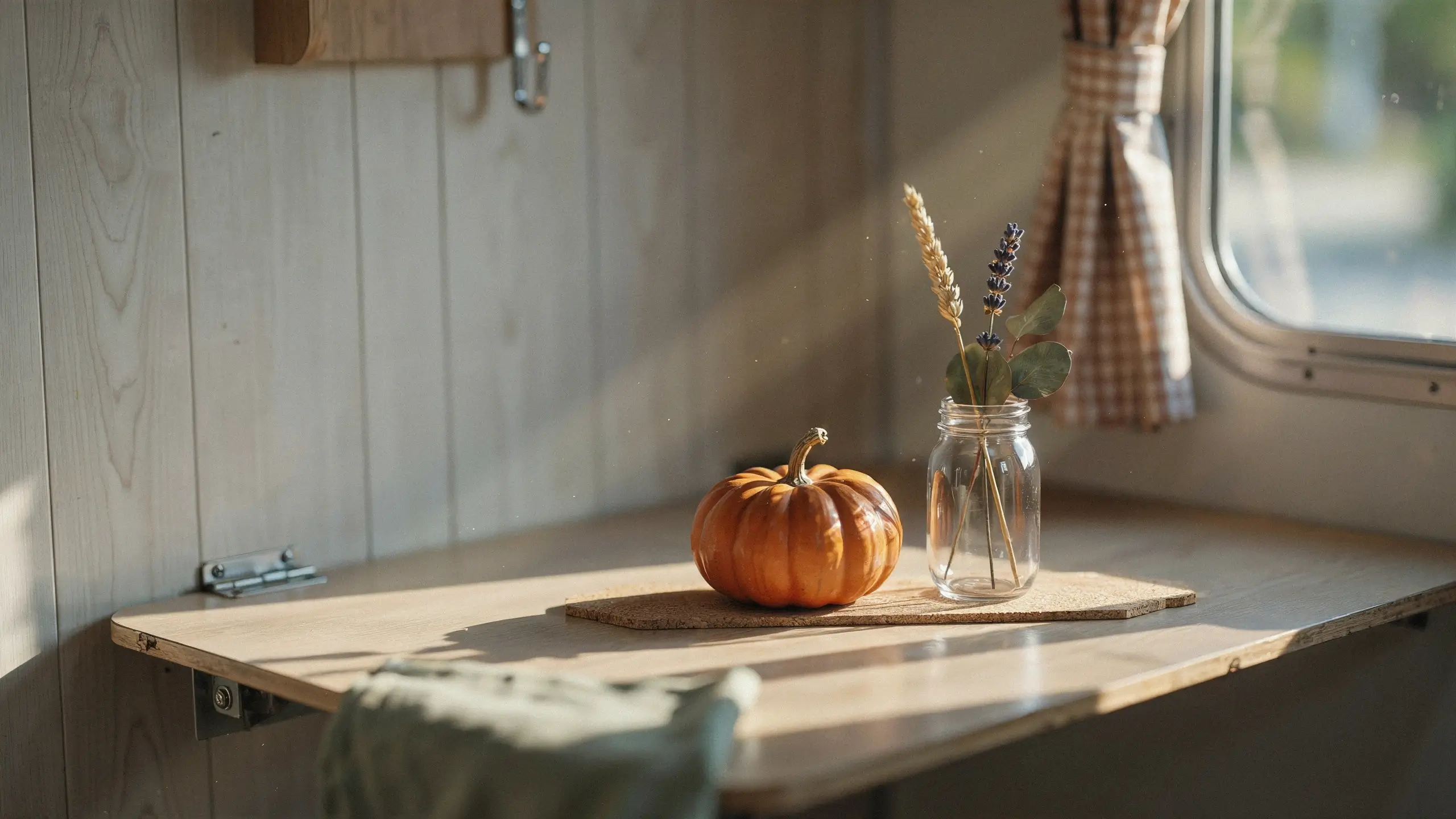 A cozy autumn mini centerpiece resting on a wooden RV table featuring a small orange pumpkin and a mason jar filled with dried lavender, wheat stalks, and eucalyptus leaves, illuminated by warm, sunlit dust motes.