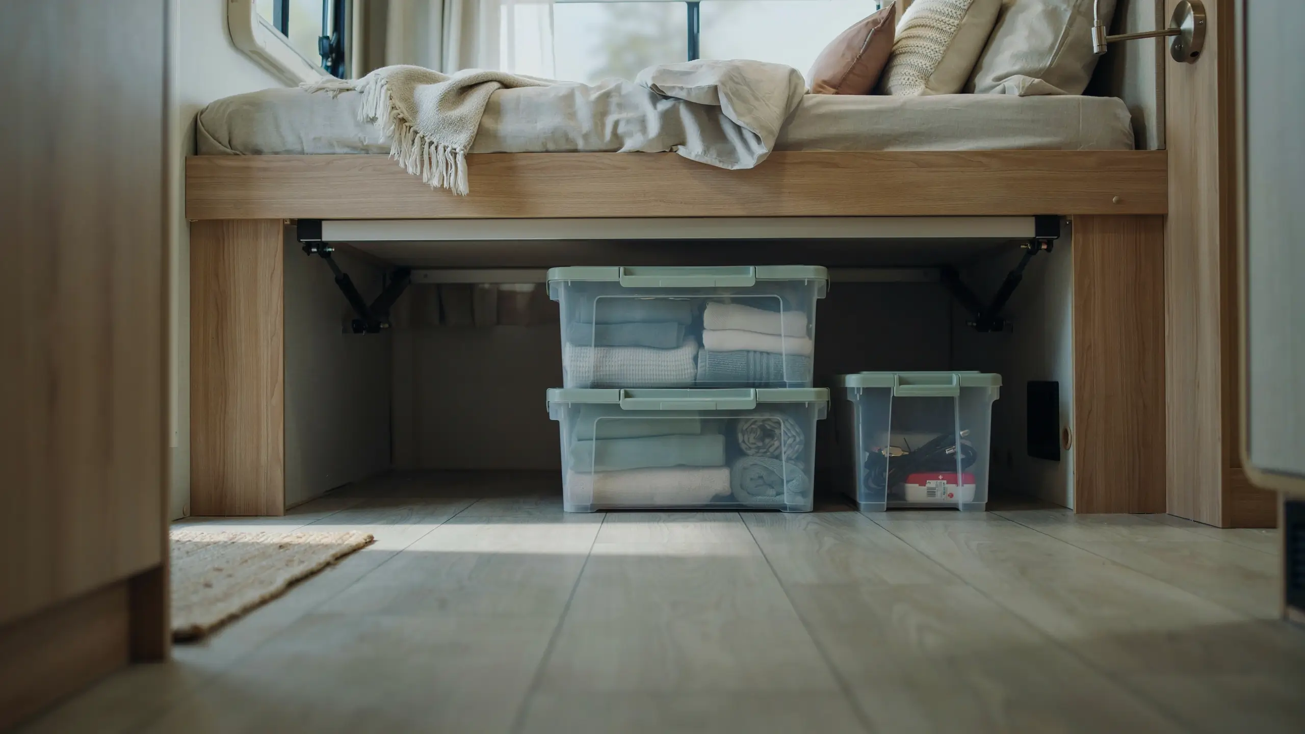 Translucent plastic storage bins with green lids neatly organizing folded towels and small essentials underneath a lifted wooden bed frame in a camper or RV