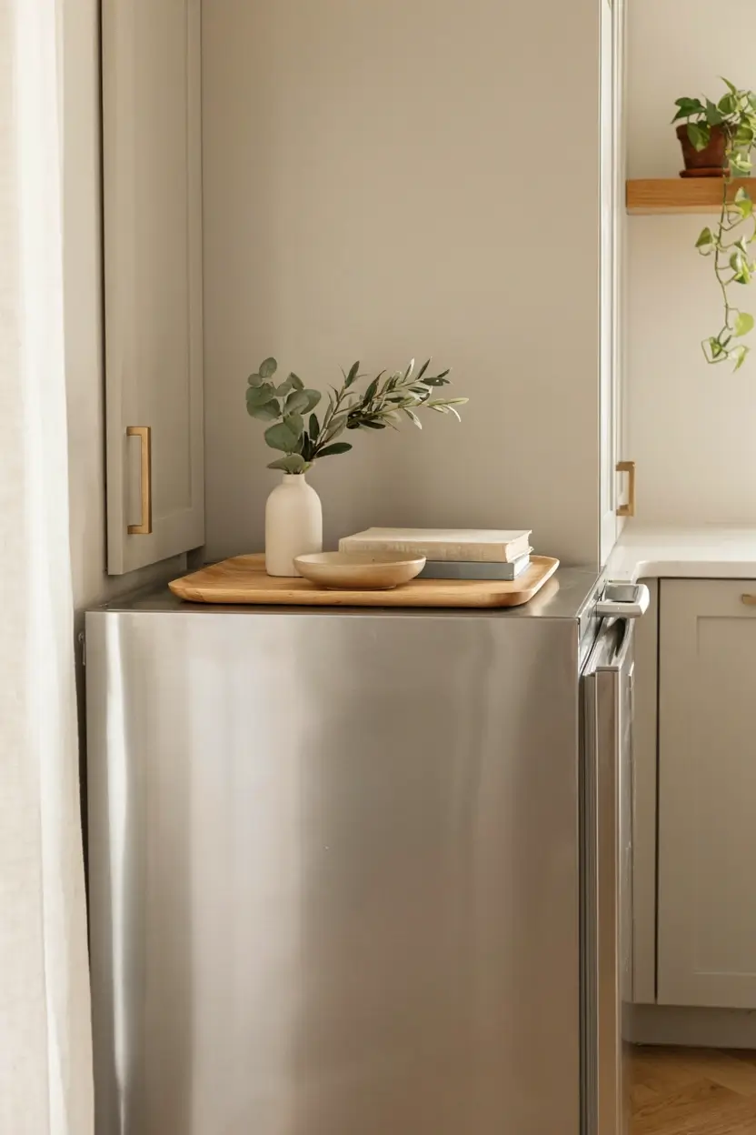 Wood tray with a vase, books, and bowl arranged on top of a stainless steel refrigerator.