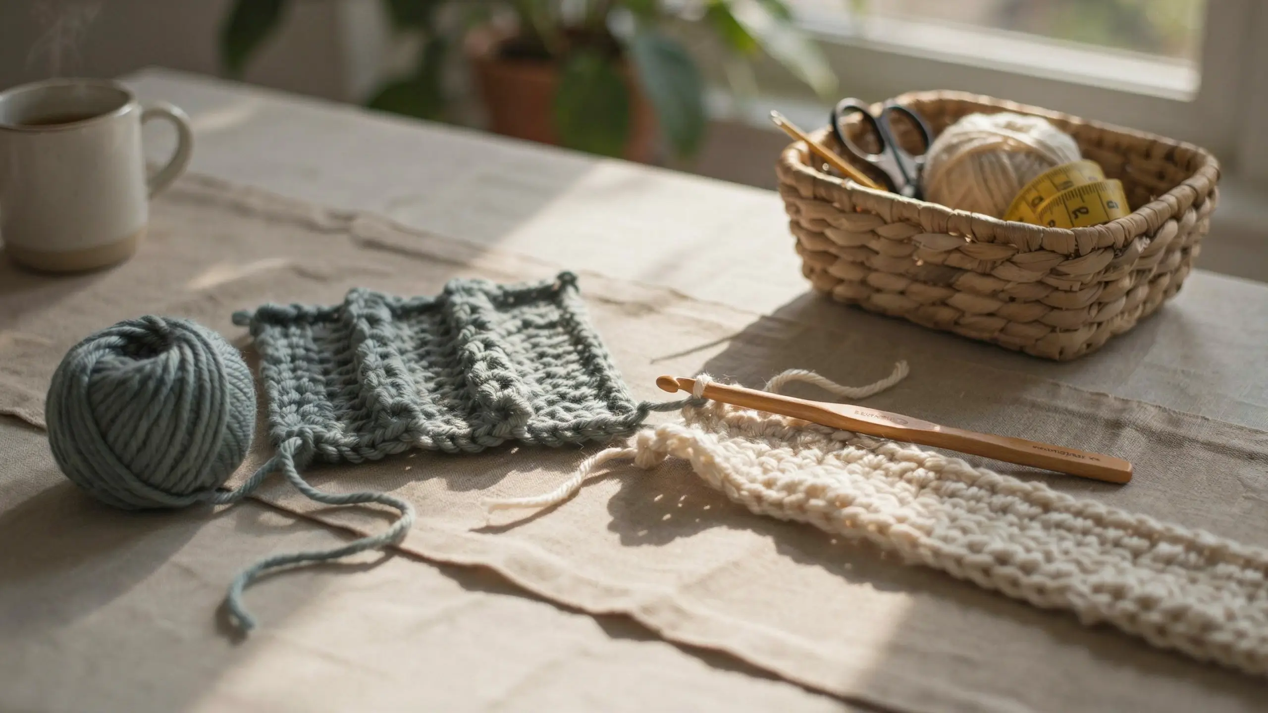 Close-up of a cozy crochet workspace featuring two chunky yarn swatches, one textured sage green and one cream, next to a natural bamboo crochet hook, woven craft basket, and steaming mug by a sunny window.