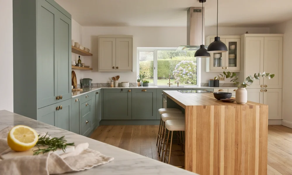 Sage green L-shaped kitchen with wood island, black pendant lights, window sink, and cream cabinets.