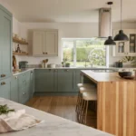 22 Stylish L Shaped Kitchen with Island Layout Inspirations to Steal for Your Next Reno Sage green L-shaped kitchen with wood island, black pendant lights, window sink, and cream cabinets.