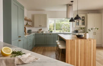 Sage green L-shaped kitchen with wood island, black pendant lights, window sink, and cream cabinets.