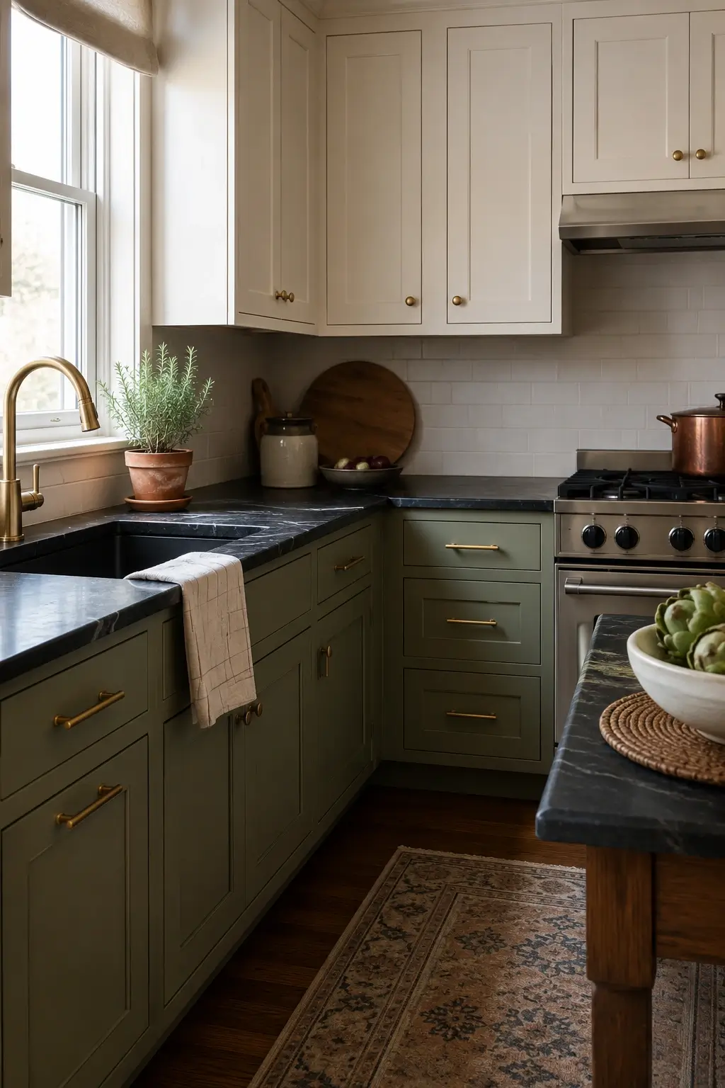 Sage green lower kitchen cabinets with brass pulls, cream uppers, and black countertops in a collected kitchen.