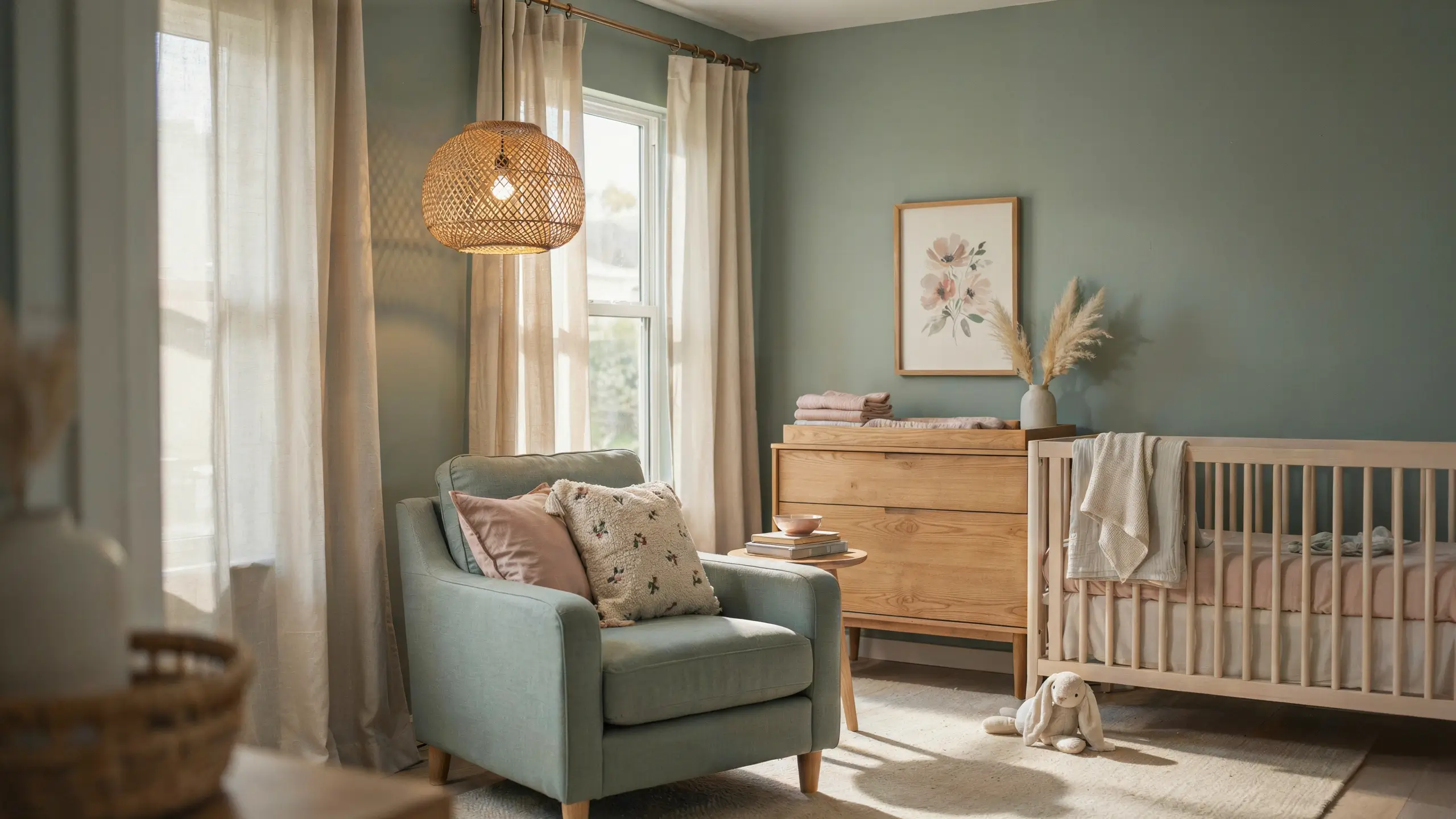 Serene sage green nursery featuring creamy white trim, a natural wood crib, wicker pendant light, and a cozy sage armchair with pink pillows.